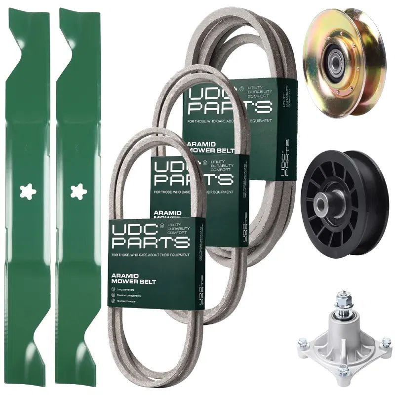 UDC Parts Mower Kit / Belt 138255 + Belt 194346 + Belt 539117245 + Pulley 127783 + Pulley 532194327 + Spindle 532174356 + 2 Pack Blades 405380 / Fits Husqvarna LT1597
