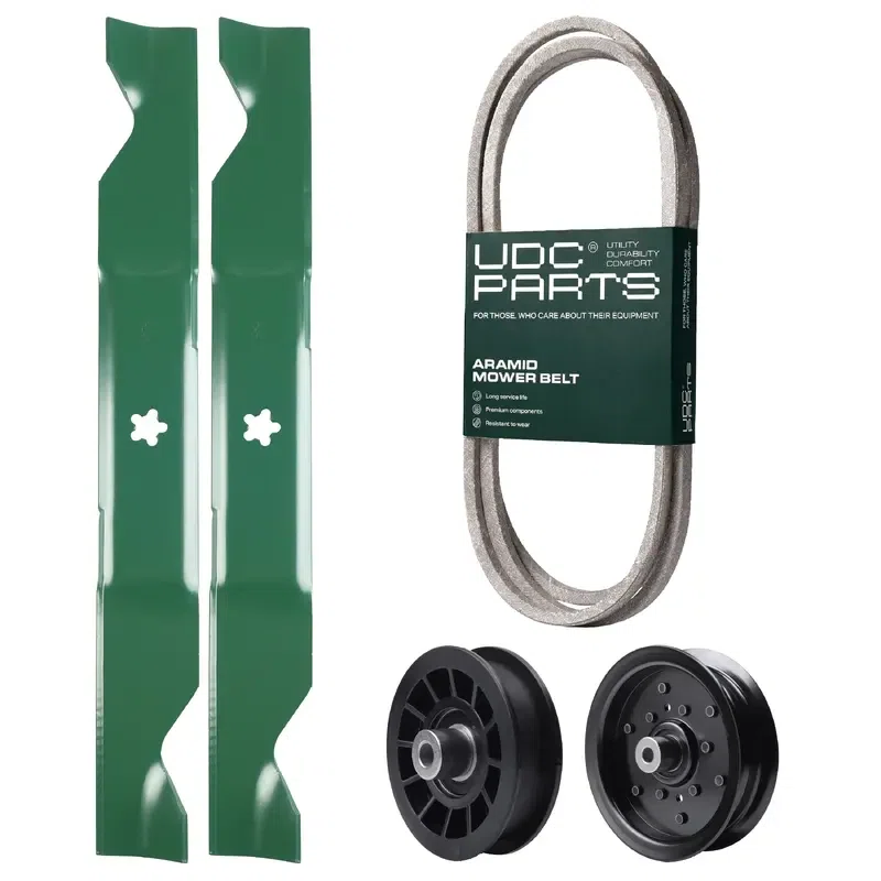 UDC Parts Mower Kit / Belt 130969 + Pulley 532196106 + Pulley 532194327 + 2 Pack Blades 405380 / Fits Poulan Pro PB22H46YT PB23H46YT PP175H46 PP19H46 PP22VH46 PPX19H46