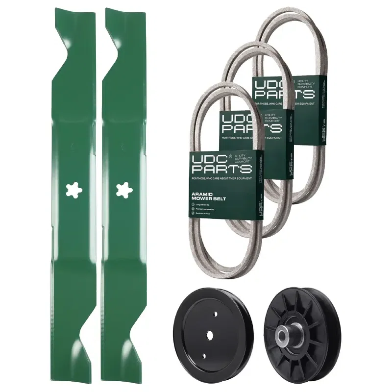 UDC Parts Mower Kit / Belt 140218 + Belt 197253 + Belt 405143 + Pulley 195945 + Pulley 532194326 + 2 Pack Blades 405380 / Fits Jonsered LT2223A2
