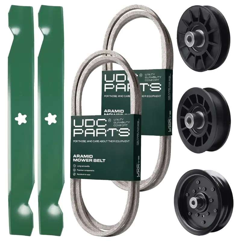 UDC Parts Mower Kit / Belt 130969 + Belt 197253 + Pulley 532194326 + Pulley 532196106 + Pulley 532194327 + 2 Pack Blades 138497 / Fits Jonsered LT2216A2 LT2217A