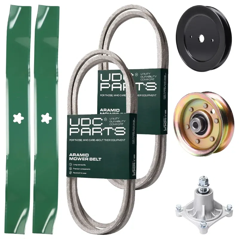 UDC Parts Mower Kit / Belt 174368 + Belt 180808 + Pulley 129861 + Pulley 173437 + Spindle 532174356 + 2 Pack Blades 134149 / Fits Jonsered LT2122A2