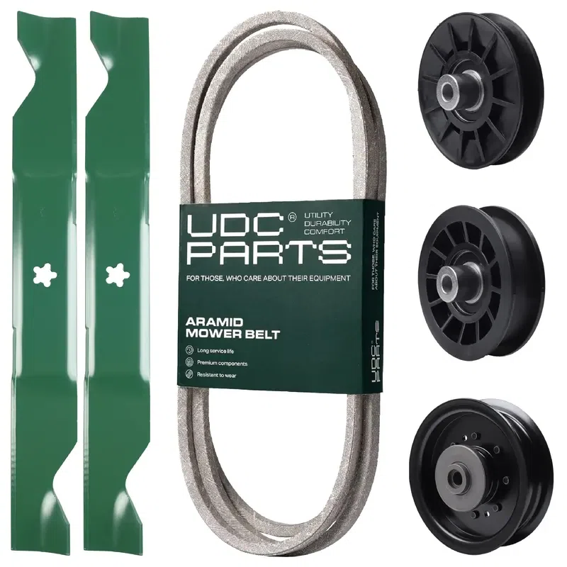 UDC Parts Mower Kit / Belt 140218 + Pulley 532194326 + Pulley 532196104 + Pulley 532194327 + 2 Pack Blades 405380 / Fits Husqvarna YTH220 Twin