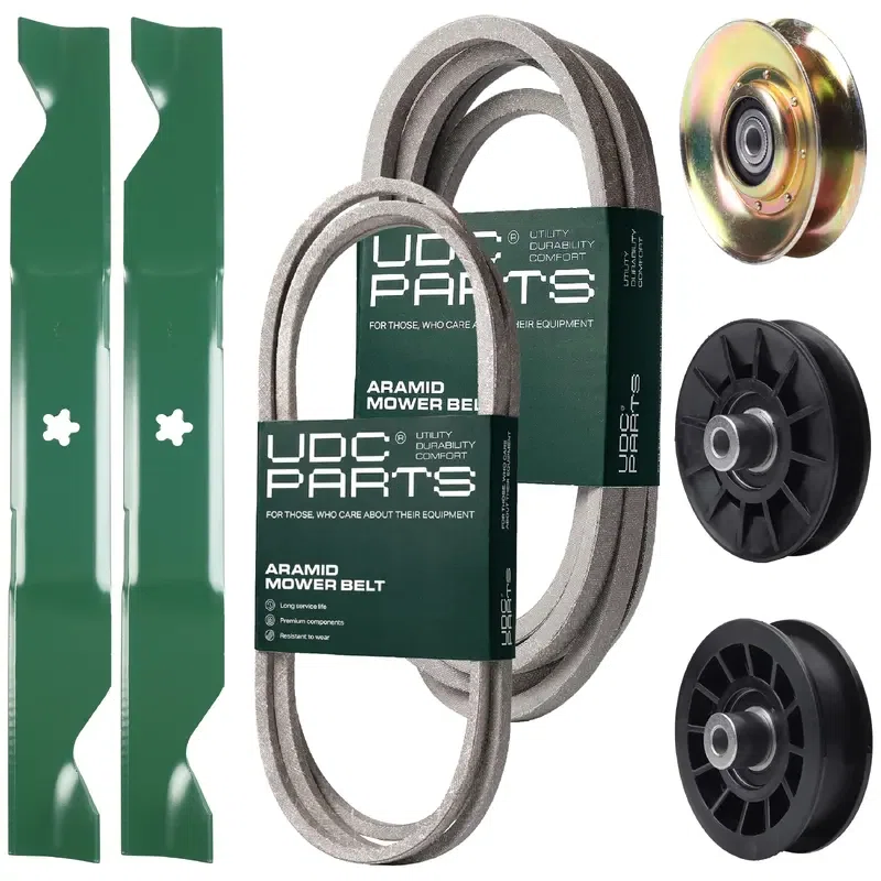 UDC Parts Mower Kit / Belt 138255 + Belt 539117245 + Pulley 127783 + Pulley 532194326 + Pulley 532194327 + 2 Pack Blades 405380 / Fits Husqvarna LT1597