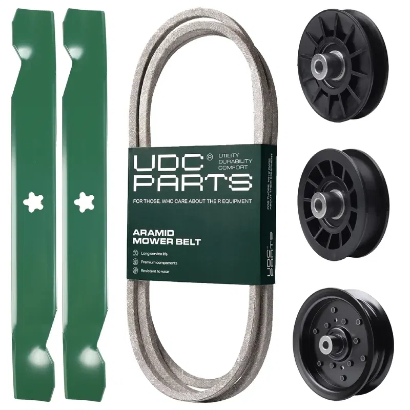 UDC Parts Mower Kit / Belt 138255 + Pulley 532194326 + Pulley 532196106 + Pulley 532194327 + 2 Pack Blades 138497 / Fits Jonsered LT2216 LT2217A