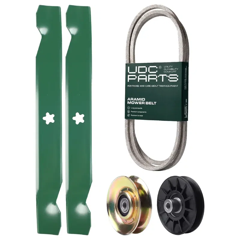 UDC Parts Mower Kit / Belt 140294 + Pulley 127783 + Pulley 532194326 + 2 Pack Blades 138497 / Fits Husqvarna LTH151 LTH1797