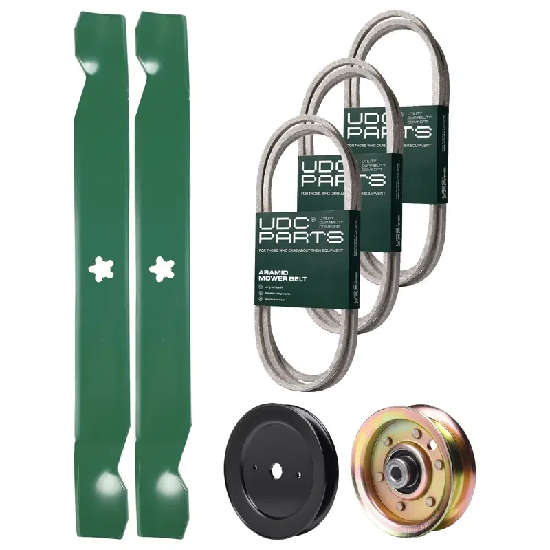 UDC Parts Mower Kit / Belt 140294 + Belt 144959 + Belt 174883 + Pulley 129861 + Pulley 173437 + 2 Pack Blades 138971 / Fits Jonsered LT16A LT18A