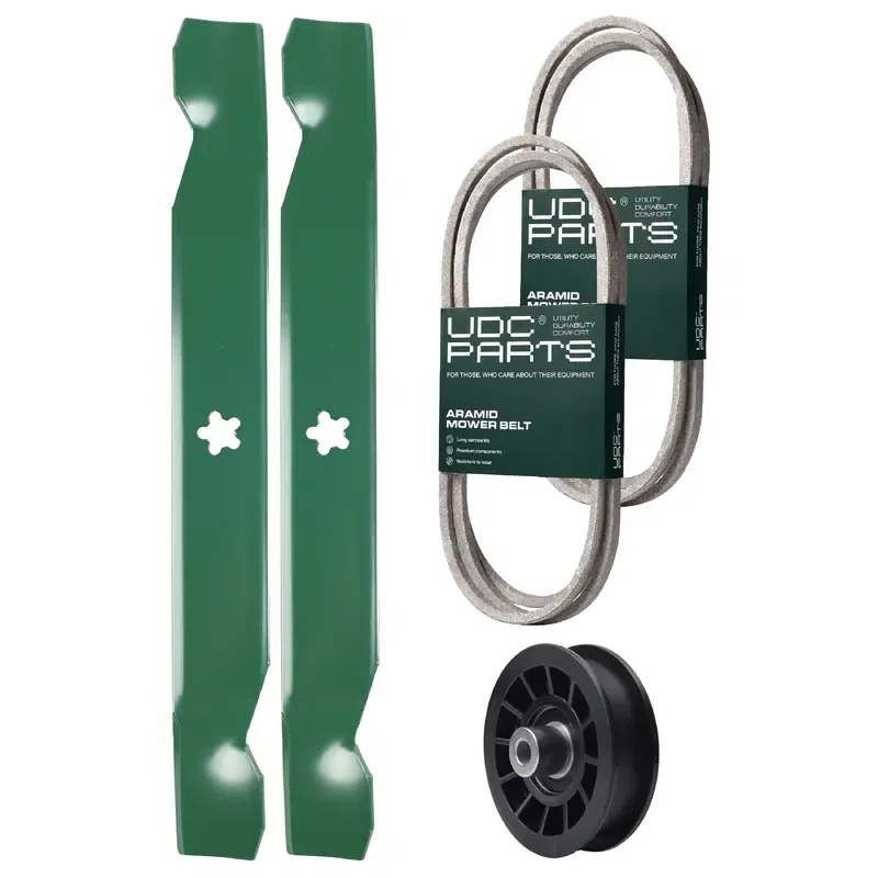 UDC Parts Mower Kit / Belt 140218 + Belt 197253 + Pulley 532194327 + 2 Pack Blades 138497 / Fits Jonsered LT2216A2 LT2217A