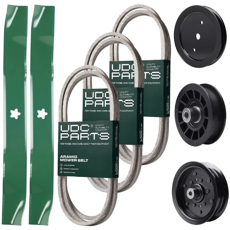 UDC Parts Mower Kit / Belt 130969 + Belt 140218 + Belt 197253 + Pulley 195945 + Pulley 532196106 + Pulley 532194327 + 2 Pack Blades 134149 / Fits Poulan Pro PB195H42LT PB20H42YT PB22H42YT