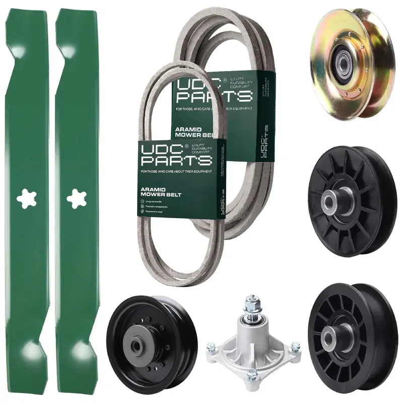 UDC Parts Mower Kit / Belt 194346 + Belt 539117245 + Pulley 127783 + Pulley 532194326 + Pulley 532194327 + Pulley 532196104 + Spindle 532174356 + 2 Pack Blades 138497 / Fits Husqvarna LT1597