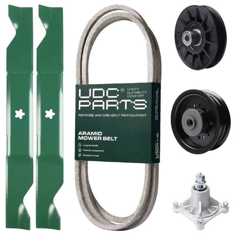 UDC Parts Mower Kit / Belt 138255 + Pulley 532194326 + Pulley 532196104 + Spindle 532174356 + 2 Pack Blades 405380 / Fits Husqvarna LT1597