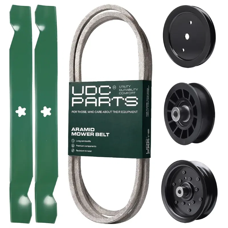 UDC Parts Mower Kit / Belt 140218 + Pulley 195945 + Pulley 532196106 + Pulley 532194327 + 2 Pack Blades 138971 / Fits Statesman SO20H42YT