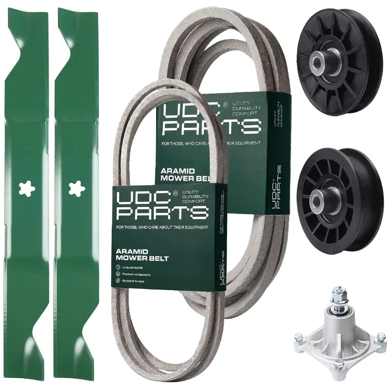 UDC Parts Mower Kit / Belt 194346 + Belt 539117245 + Pulley 532194326 + Pulley 532194327 + Spindle 532174356 + 2 Pack Blades 405380 / Fits Husqvarna LT1597
