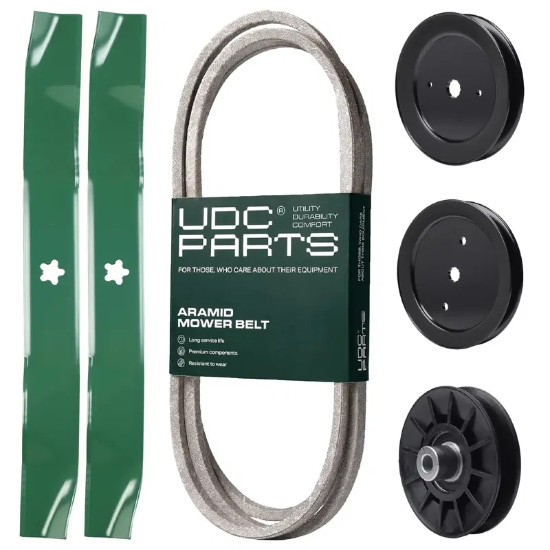 UDC Parts Mower Kit / Belt 130969 + Pulley 129861 + Pulley 195945 + Pulley 532194326 + 2 Pack Blades 134149 / Fits Husqvarna TS142 YTH22K42