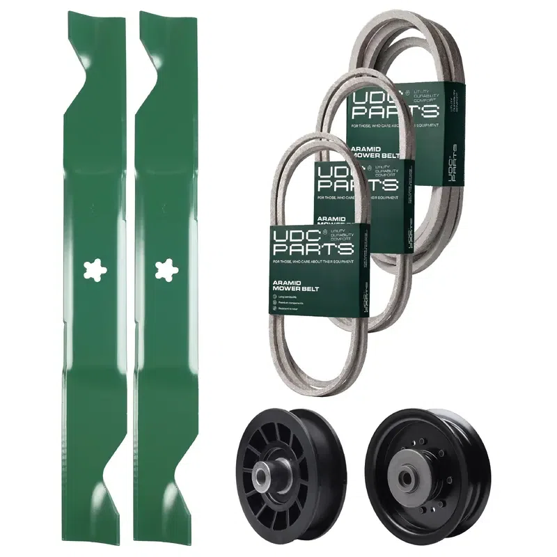 UDC Parts Mower Kit / Belt 138255 + Belt 194346 + Belt 539117245 + Pulley 532194327 + Pulley 532196104 + 2 Pack Blades 405380 / Fits Husqvarna LT1597