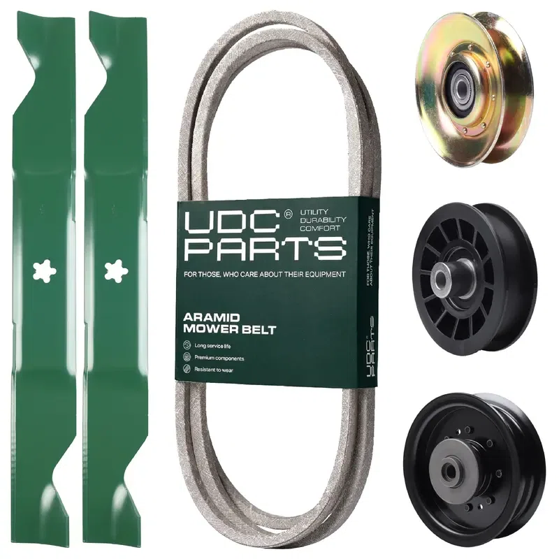 UDC Parts Mower Kit / Belt 138255 + Pulley 127783 + Pulley 532194327 + Pulley 532196104 + 2 Pack Blades 405380 / Fits Husqvarna LT1597