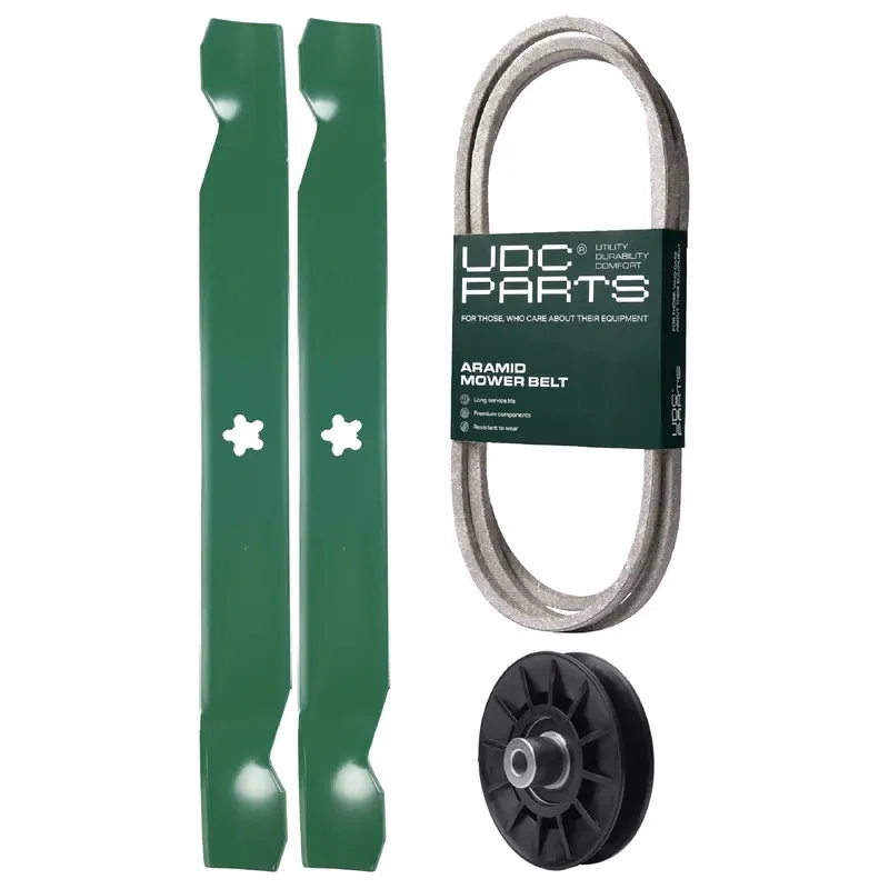 UDC Parts Mower Kit / Belt 144959 + Pulley 532194326 + 2 Pack Blades 138971 / Fits RedMax YT1842