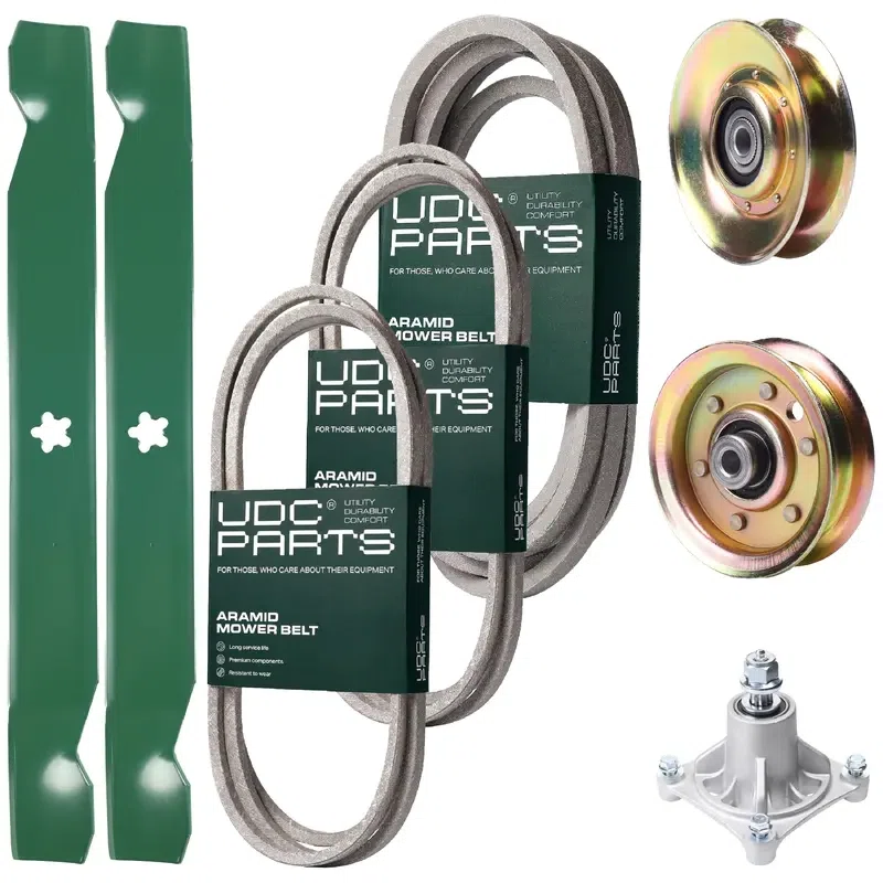 UDC Parts Mower Kit / Belt 144959 + Belt 174883 + Belt 539109243 + Pulley 127783 + Pulley 173437 + Spindle 532174356 + 2 Pack Blades 138971 / Fits Husqvarna LTH1542