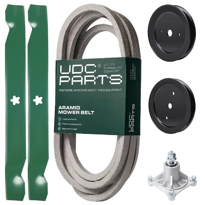 UDC Parts Mower Kit / Belt 539117245 + Pulley 129861 + Pulley 195945 + Spindle 532174356 + 2 Pack Blades 138971 / Fits Husqvarna RZ4219