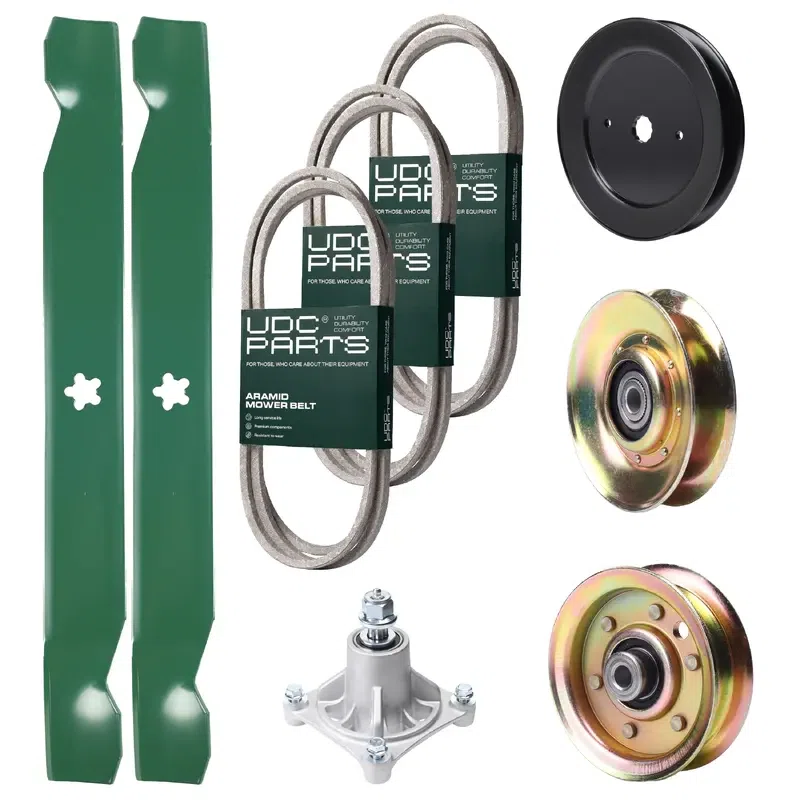 UDC Parts Mower Kit / Belt 140294 + Belt 174368 + Belt 180808 + Pulley 127783 + Pulley 129861 + Pulley 173437 + Spindle 532174356 + 2 Pack Blades 138971 / Fits Jonsered LT2122A2
