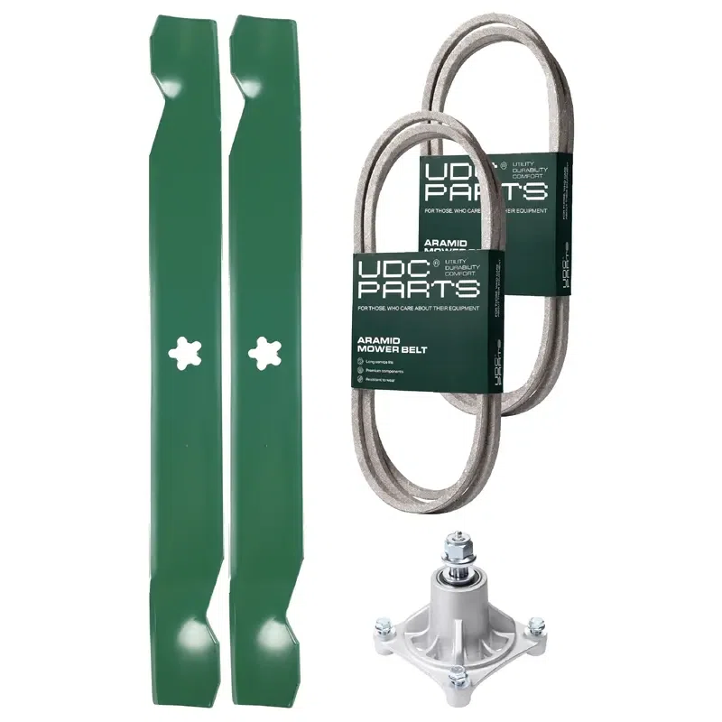 UDC Parts Mower Kit / Belt 174368 + Belt 180808 + Spindle 532174356 + 2 Pack Blades 138971 / Fits Jonsered LT2122A2