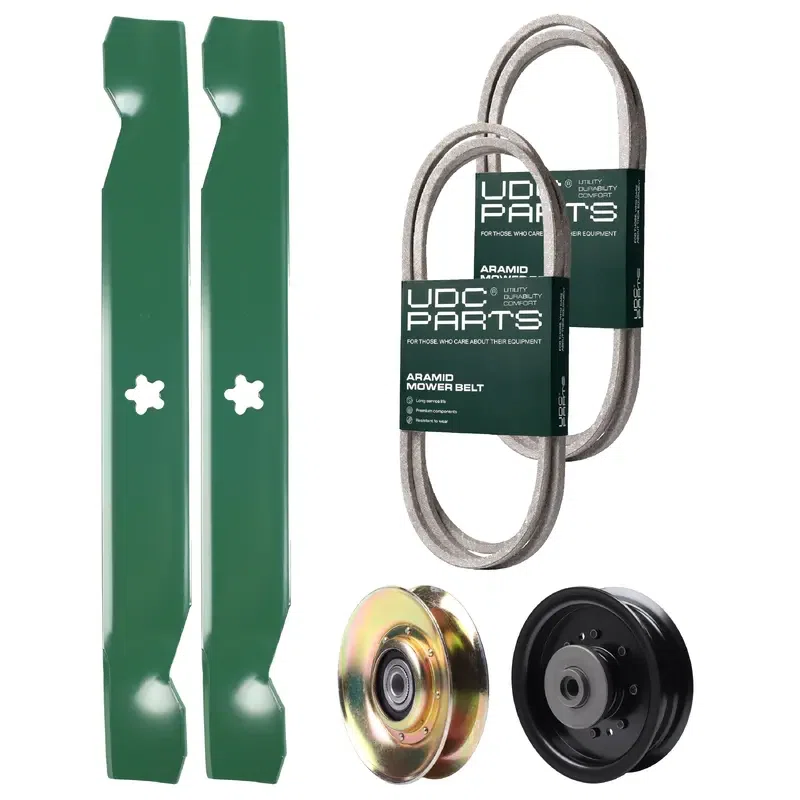 UDC Parts Mower Kit / Belt 138255 + Belt 194346 + Pulley 127783 + Pulley 532196104 + 2 Pack Blades 138497 / Fits Husqvarna LT1597
