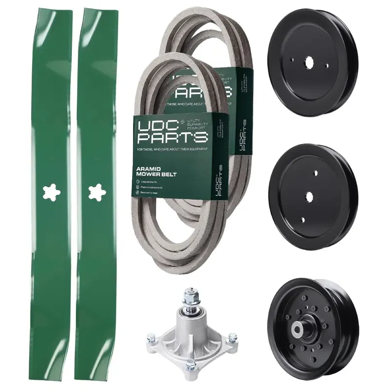 UDC Parts Mower Kit / Belt 539114557 + Belt 539117245 + Pulley 129861 + Pulley 195945 + Pulley 532196106 + Spindle 532174356 + 2 Pack Blades 134149 / Fits Husqvarna RZ4219