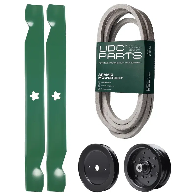 UDC Parts Mower Kit / Belt 539117245 + Pulley 129861 + Pulley 532196106 + 2 Pack Blades 138971 / Fits Husqvarna RZ4219 RZ4619 RZ4620 RZ5422 RZ5424