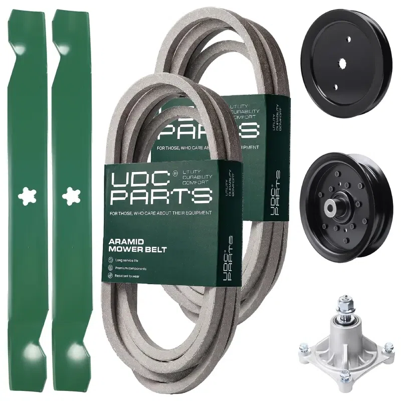 UDC Parts Mower Kit / Belt 539114557 + Belt 539117245 + Pulley 195945 + Pulley 532196106 + Spindle 532174356 + 2 Pack Blades 138971 / Fits Husqvarna RZ4219