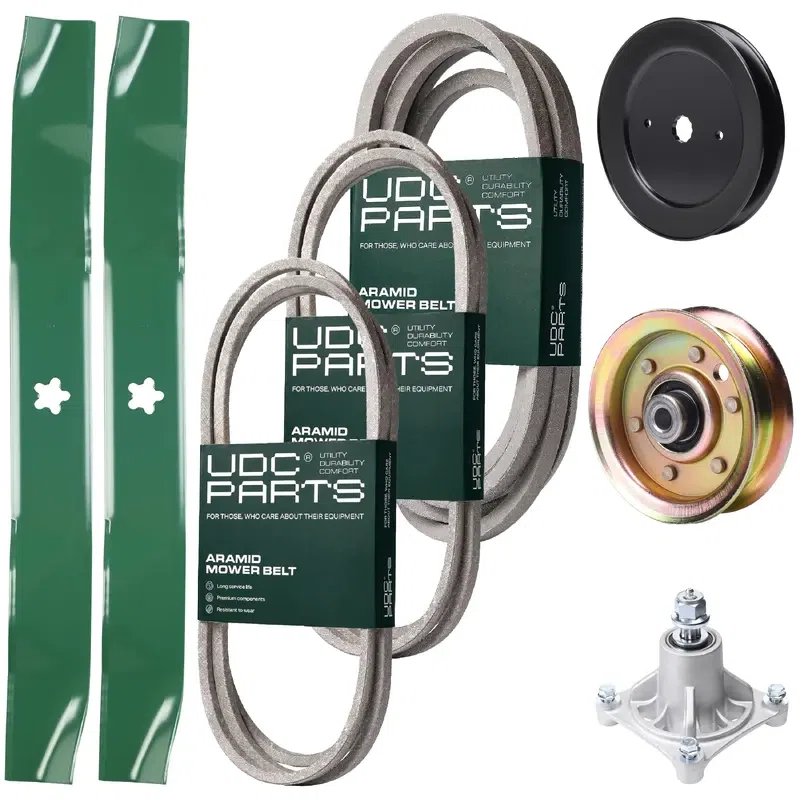 UDC Parts Mower Kit / Belt 144959 + Belt 174883 + Belt 539109243 + Pulley 129861 + Pulley 173437 + Spindle 532174356 + 2 Pack Blades 134149 / Fits Husqvarna LTH1542