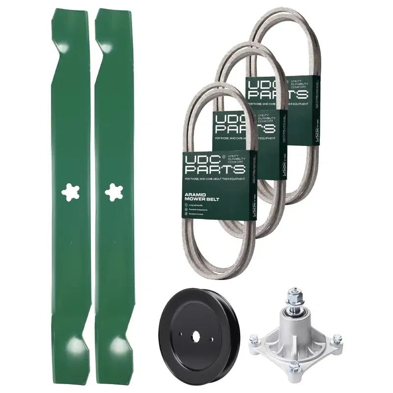 UDC Parts Mower Kit / Belt 140294 + Belt 144959 + Belt 174883 + Pulley 129861 + Spindle 532174356 + 2 Pack Blades 138971 / Fits Husqvarna LTH1542
