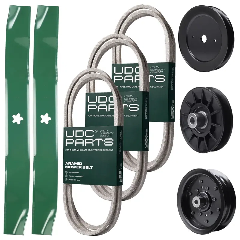 UDC Parts Mower Kit / Belt 130969 + Belt 140218 + Belt 144959 + Pulley 129861 + Pulley 532194326 + Pulley 532196106 + 2 Pack Blades 134149 / Fits Husqvarna LOYTH20F42T YTH20F42T YTH2242T