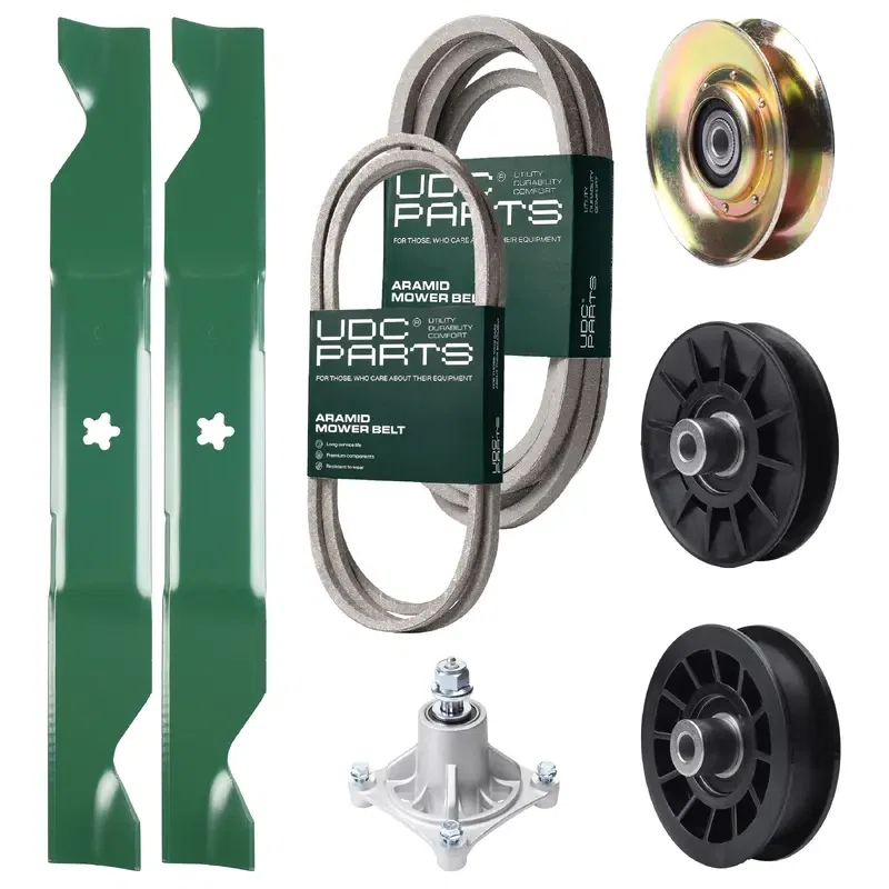 UDC Parts Mower Kit / Belt 138255 + Belt 539117245 + Pulley 127783 + Pulley 532194326 + Pulley 532194327 + Spindle 532174356 + 2 Pack Blades 405380 / Fits Husqvarna LT1597