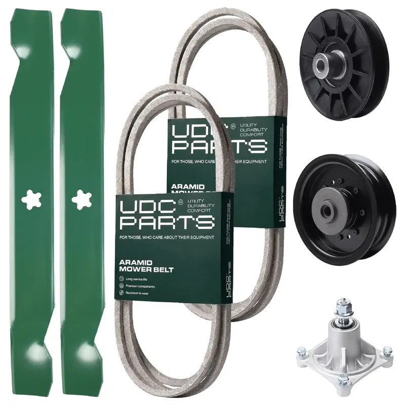 UDC Parts Mower Kit / Belt 138255 + Belt 194346 + Pulley 532194326 + Pulley 532196104 + Spindle 532174356 + 2 Pack Blades 138497 / Fits Husqvarna LT1597