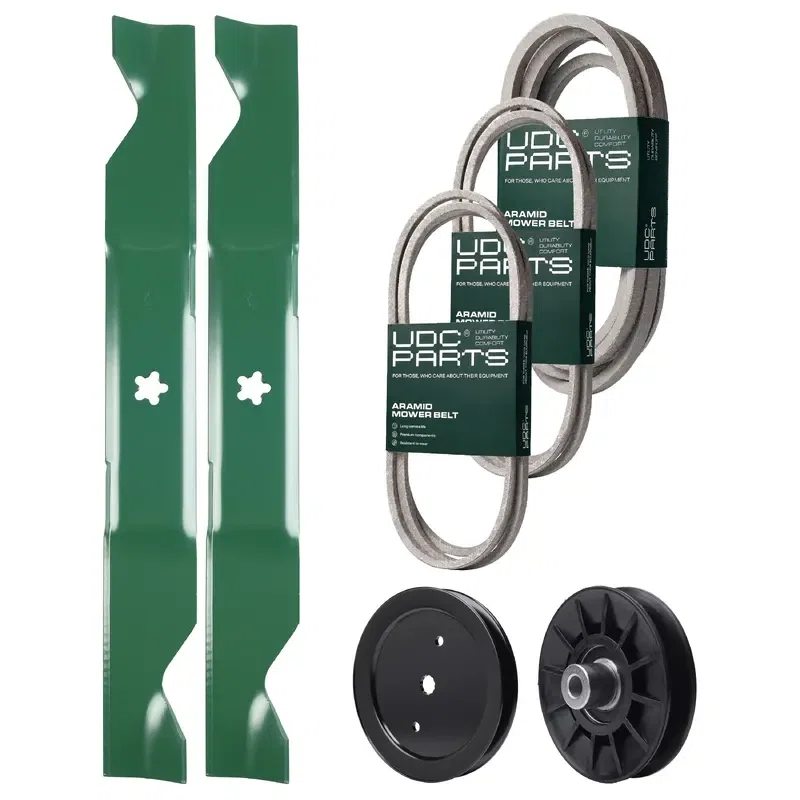 UDC Parts Mower Kit / Belt 140218 + Belt 197242 + Belt 197253 + Pulley 195945 + Pulley 532194326 + 2 Pack Blades 405380 / Fits Jonsered LT2223A2