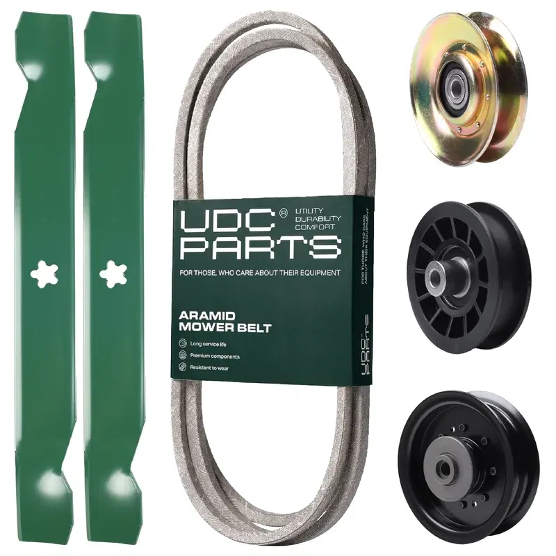 UDC Parts Mower Kit / Belt 138255 + Pulley 127783 + Pulley 532194327 + Pulley 532196104 + 2 Pack Blades 138497 / Fits Husqvarna LT1597