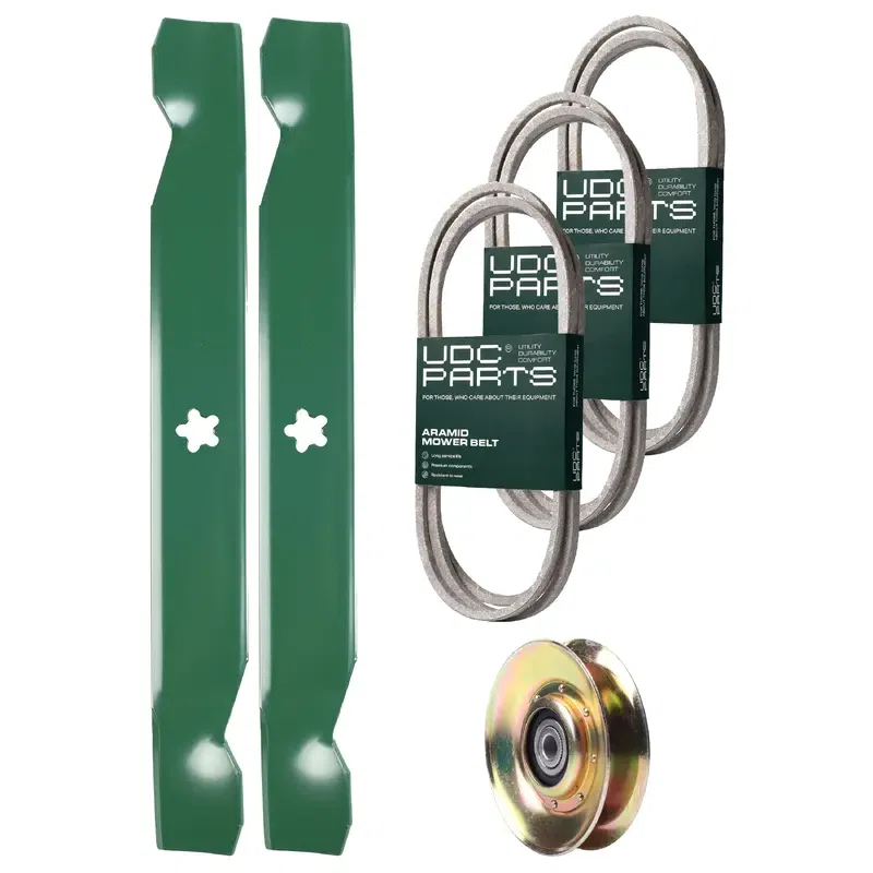 UDC Parts Mower Kit / Belt 130969 + Belt 138255 + Belt 140218 + Pulley 127783 + 2 Pack Blades 138497 / Fits Husqvarna LTH151