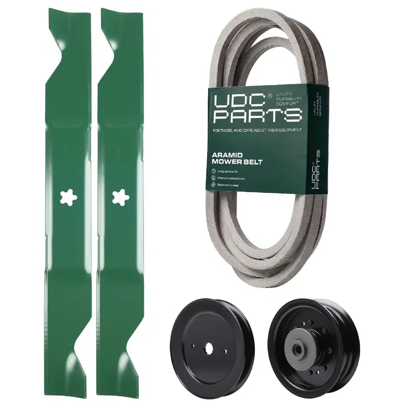 UDC Parts Mower Kit / Belt 539117245 + Pulley 129861 + Pulley 532196104 + 2 Pack Blades 405380 / Fits Husqvarna LSZ4622 LSZ5422 LSZ5424