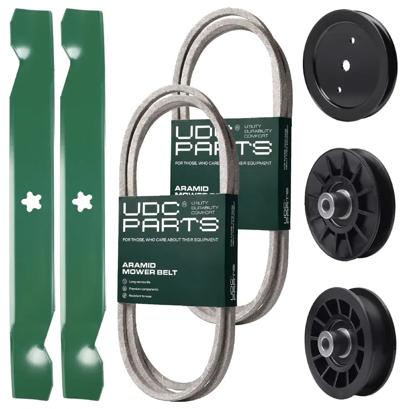 UDC Parts Mower Kit / Belt 130969 + Belt 138255 + Pulley 195945 + Pulley 532194326 + Pulley 532194327 + 2 Pack Blades 138497 / Fits Jonsered LT2217A
