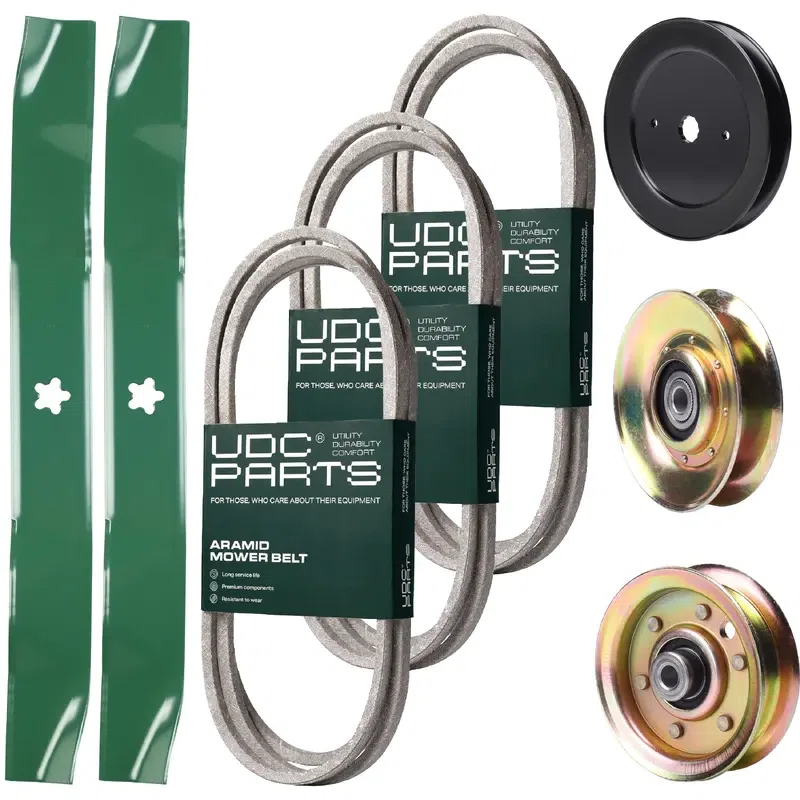 UDC Parts Mower Kit / Belt 140294 + Belt 144959 + Belt 174883 + Pulley 127783 + Pulley 129861 + Pulley 173437 + 2 Pack Blades 134149 / Fits Husqvarna LTH1542 YTH1542 YTH170