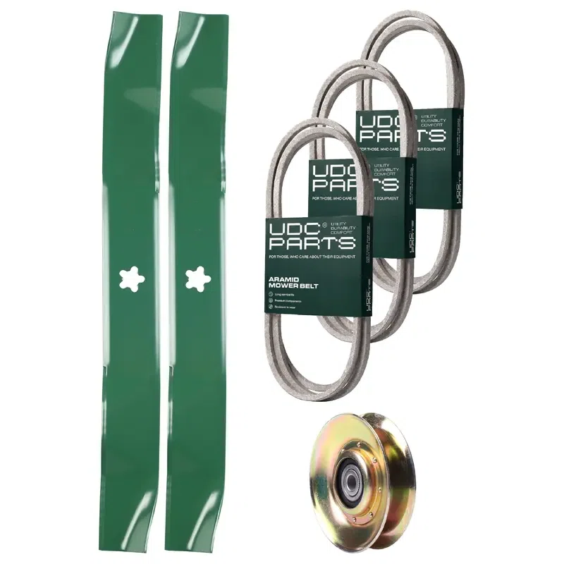 UDC Parts Mower Kit / Belt 130969 + Belt 138255 + Belt 140218 + Pulley 127783 + 2 Pack Blades 134149 / Fits Husqvarna YTH180