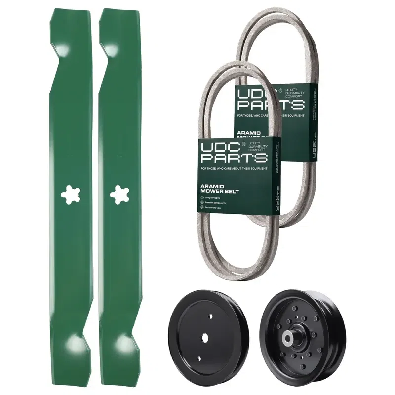 UDC Parts Mower Kit / Belt 194346 + Belt 140218 + Pulley 195945 + Pulley 532196106 + 2 Pack Blades 138497 / Fits Jonsered LT2216A2