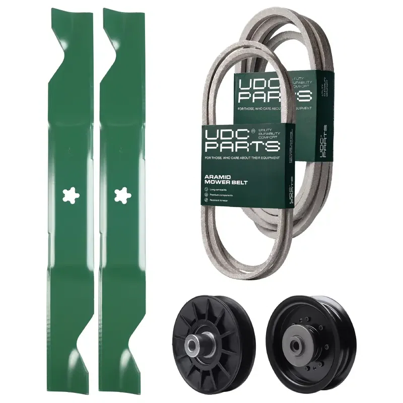 UDC Parts Mower Kit / Belt 138255 + Belt 539117245 + Pulley 532194326 + Pulley 532196104 + 2 Pack Blades 405380 / Fits Husqvarna LT1597