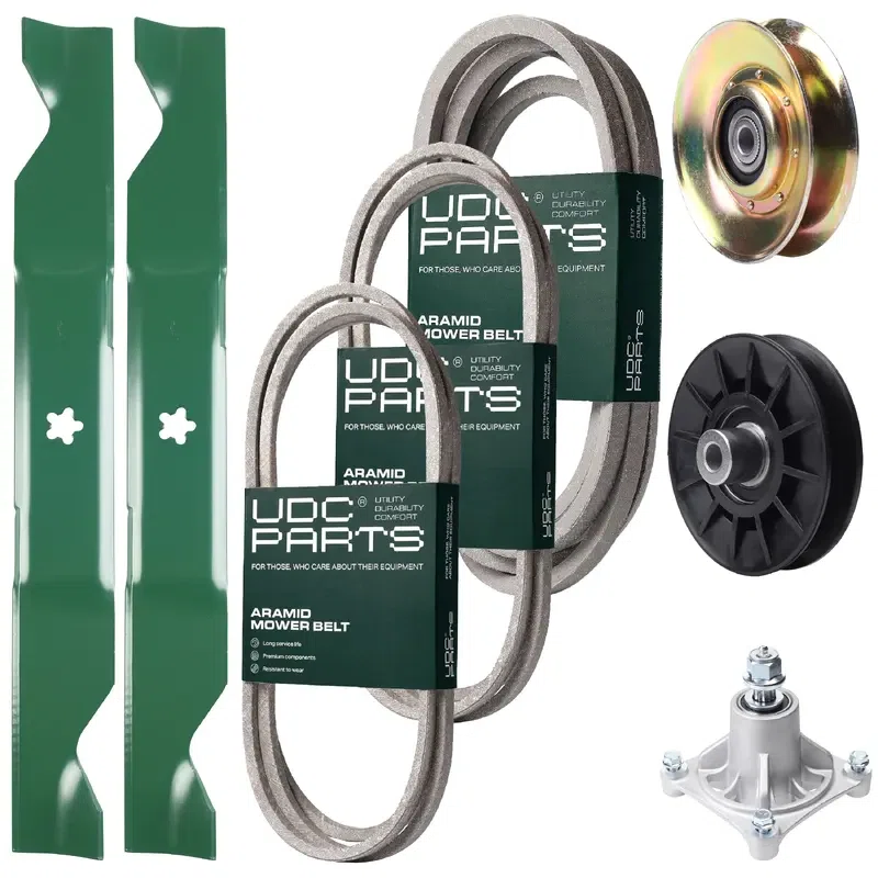 UDC Parts Mower Kit / Belt 138255 + Belt 194346 + Belt 539117245 + Pulley 127783 + Pulley 532194326 + Spindle 532174356 + 2 Pack Blades 405380 / Fits Husqvarna LT1597