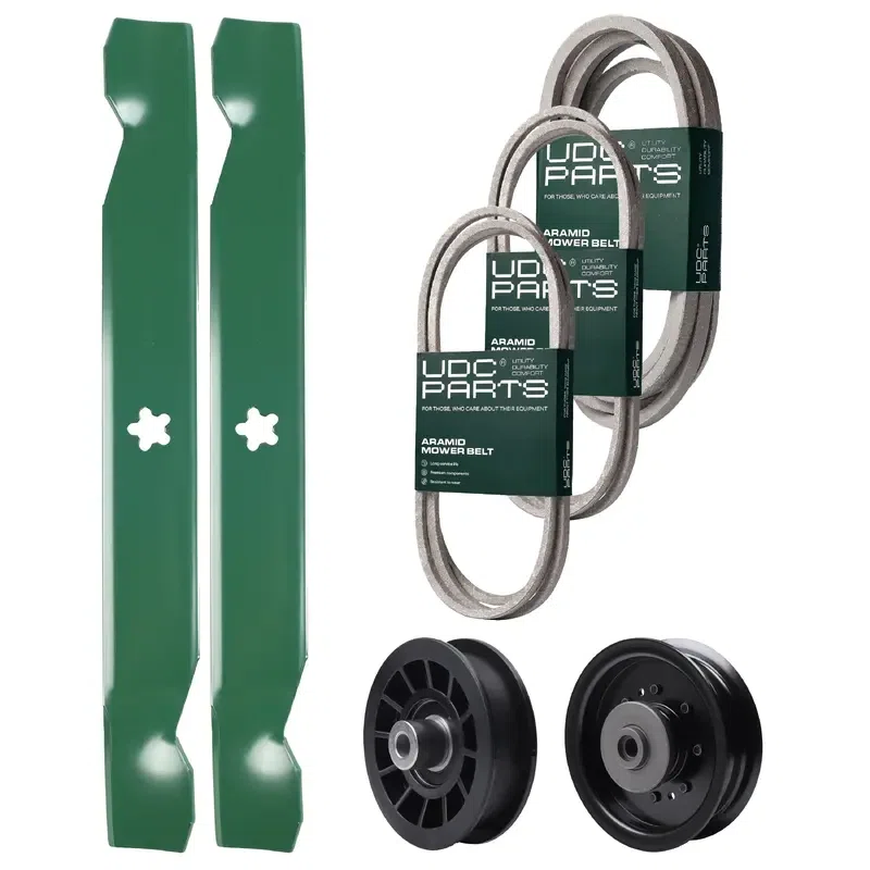 UDC Parts Mower Kit / Belt 138255 + Belt 194346 + Belt 539117245 + Pulley 532194327 + Pulley 532196104 + 2 Pack Blades 138497 / Fits Husqvarna LT1597