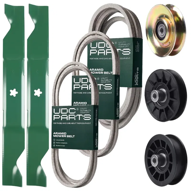 UDC Parts Mower Kit / Belt 138255 + Belt 194346 + Belt 539117245 + Pulley 127783 + Pulley 532194326 + Pulley 532194327 + 2 Pack Blades 405380 / Fits Husqvarna LT1597