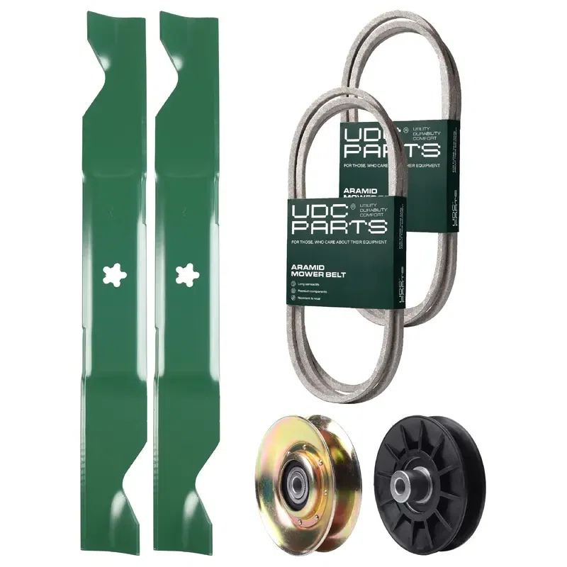 UDC Parts Mower Kit / Belt 138255 + Belt 194346 + Pulley 127783 + Pulley 532194326 + 2 Pack Blades 405380 / Fits Husqvarna LT1597