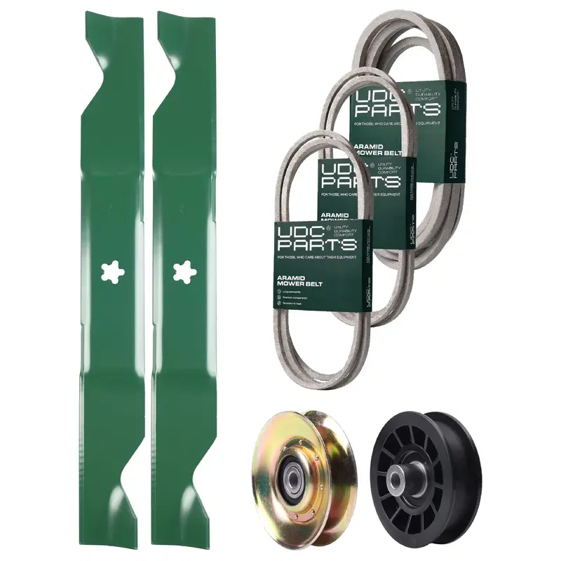 UDC Parts Mower Kit / Belt 138255 + Belt 194346 + Belt 539117245 + Pulley 127783 + Pulley 532194327 + 2 Pack Blades 405380 / Fits Husqvarna LT1597