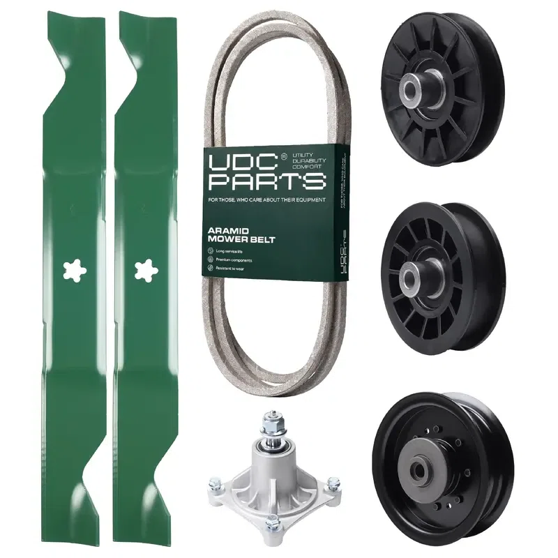 UDC Parts Mower Kit / Belt 138255 + Pulley 532194326 + Pulley 532194327 + Pulley 532196104 + Spindle 532174356 + 2 Pack Blades 405380 / Fits Husqvarna LT1597