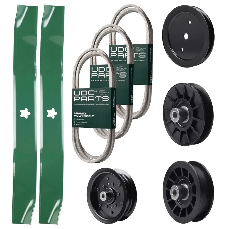 UDC Parts Mower Kit / Belt 130969 + Belt 138255 + Belt 140218 + Pulley 195945 + Pulley 532194326 + Pulley 532196106 + Pulley 532194327 + 2 Pack Blades 134149 / Fits Jonsered LT2217A