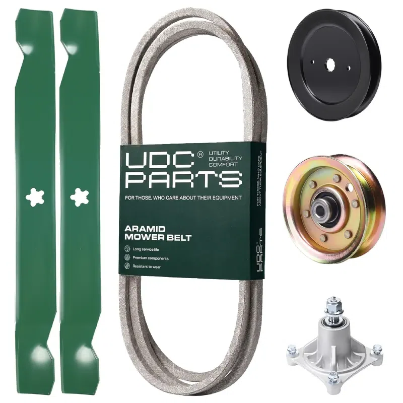 UDC Parts Mower Kit / Belt 140294 + Pulley 129861 + Pulley 173437 + Spindle 532174356 + 2 Pack Blades 138971 / Fits Jonsered LT2122A2